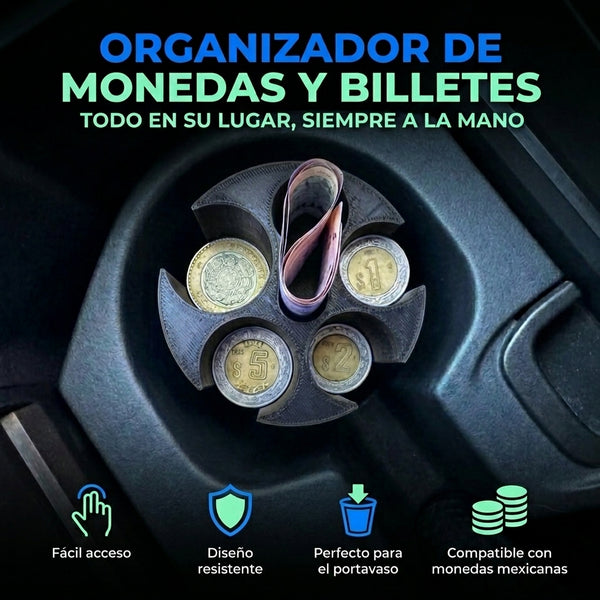 ORGANIZADOR DE MONEDAS Y BILLETES PARA CARRO - Paquete de 12